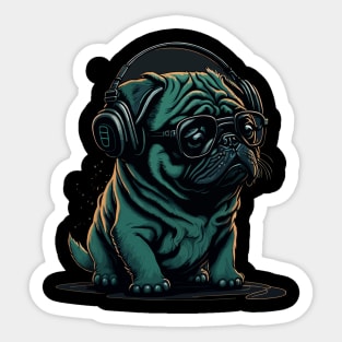 Pug wearing Headphones. Animal Pet  Dog Puppy Sticker